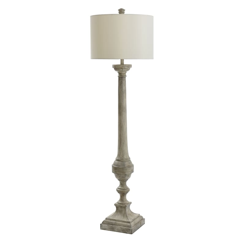Grey Distressed Spindle Floor Lamp with White Fabric Drum Shade, 64"