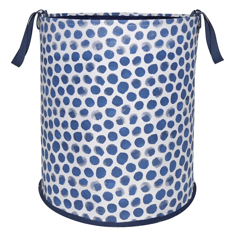 Round Collapsible Laundry Hamper with Handles, Blue Dots