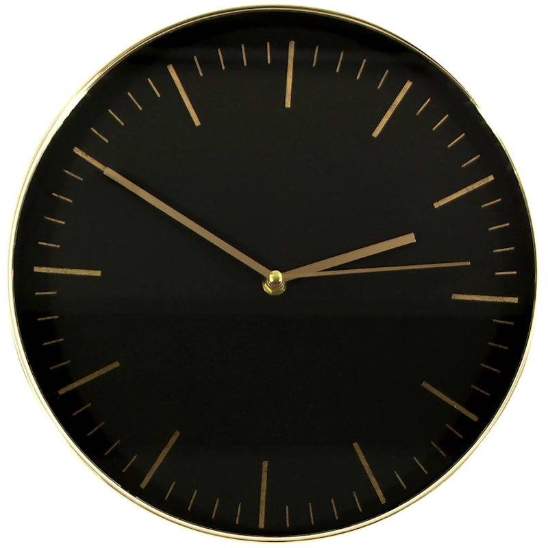 Black Wall Clock with Gold Ticks, 12"