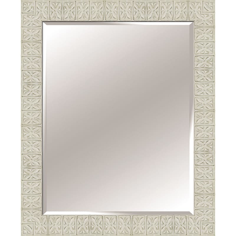 Distressed White Wooden Floral Tile Framed Wall Mirror, 28x34