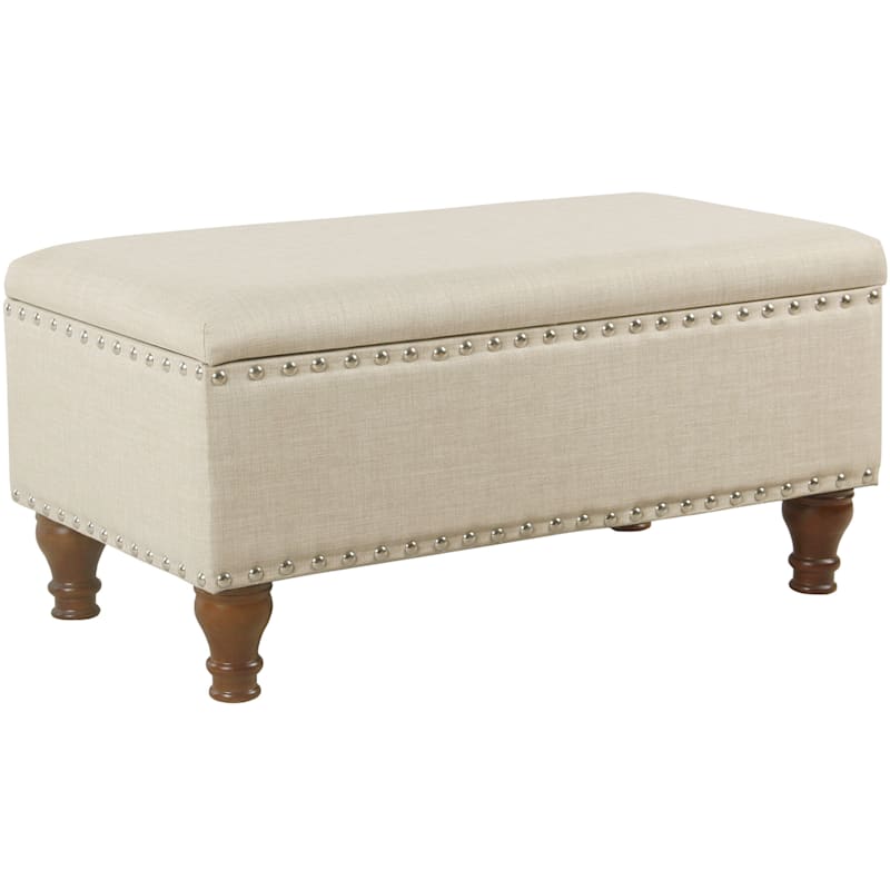 Jasmine Linen Upholstered Storage Ottoman with Nail Heads