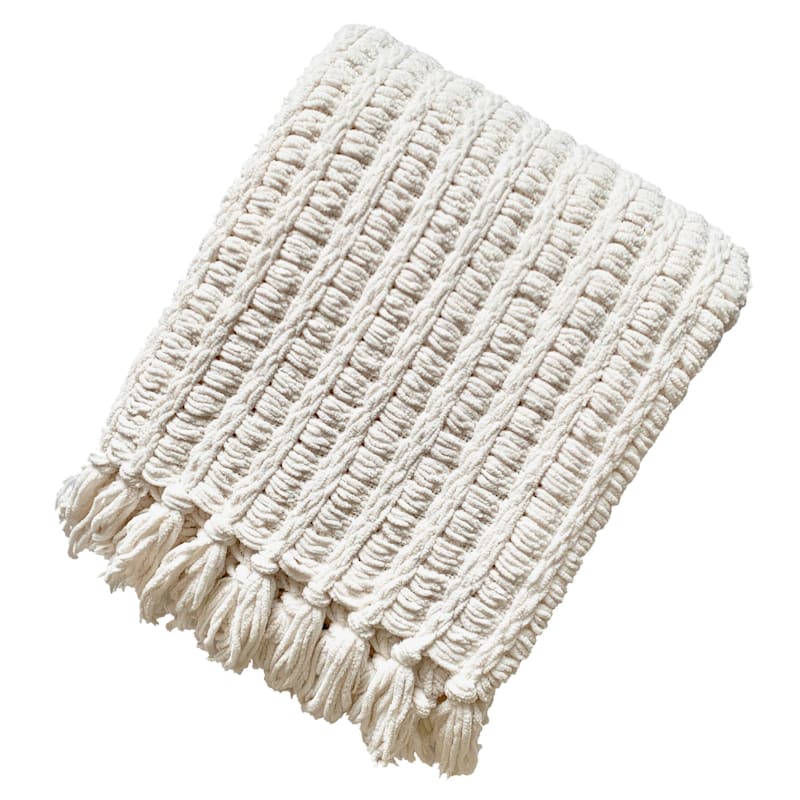 Ivory Chenille Basketweave Throw Blanket, 50x60