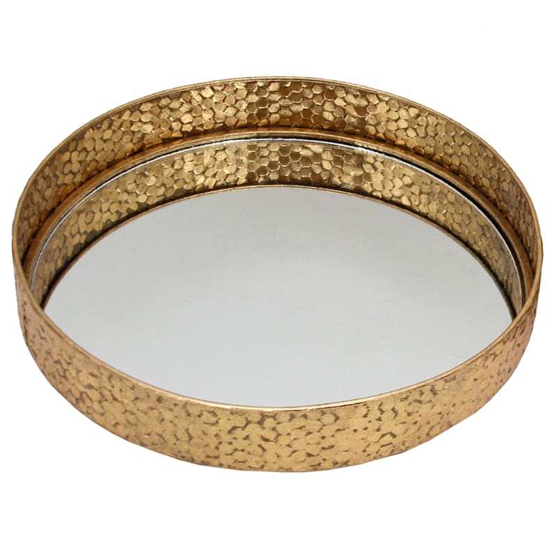 Gold Foiled Round Metal Mirror Tray, 16"