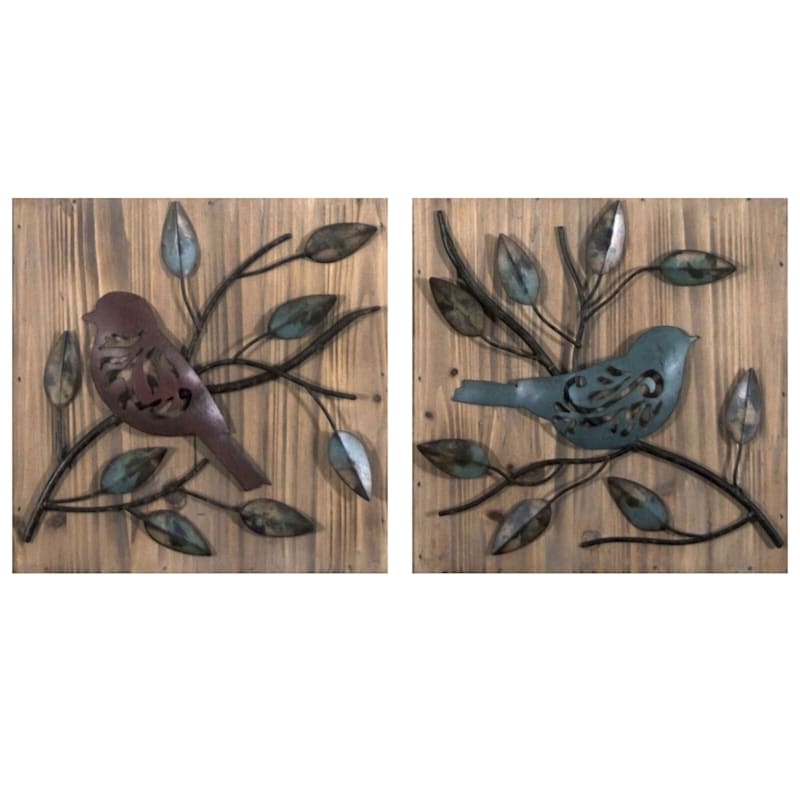 2pc. Wood & Metal Bird Wall Art, 10x10