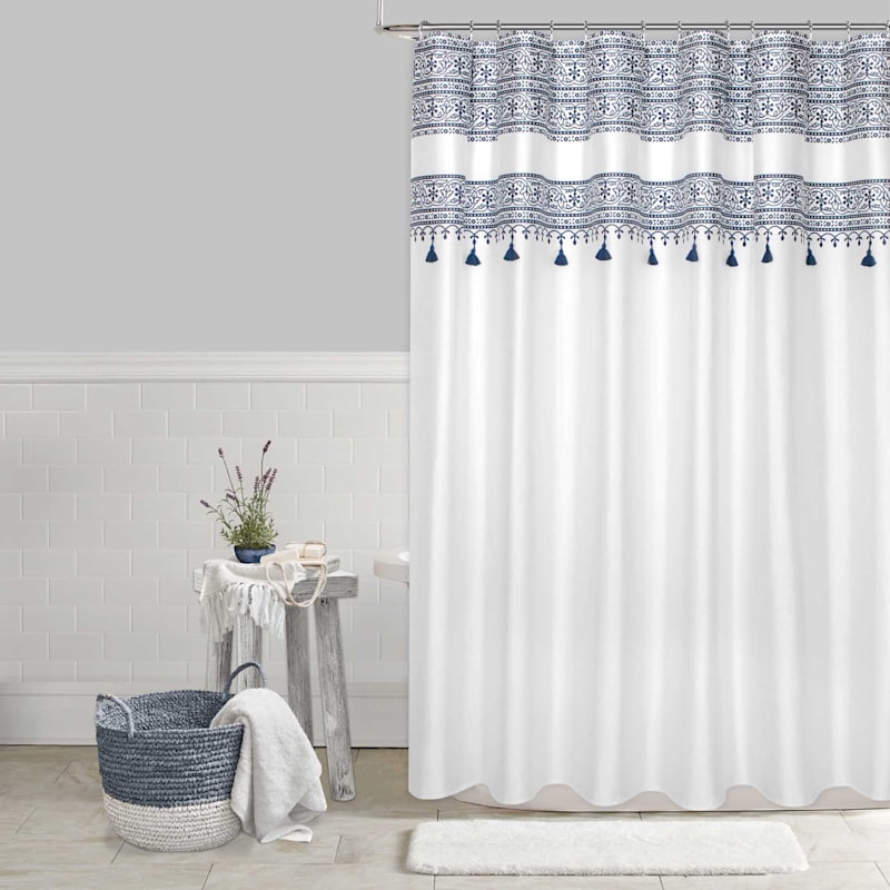 Juliette Blue Shower Curtain With, White Shower Curtain With Tassels