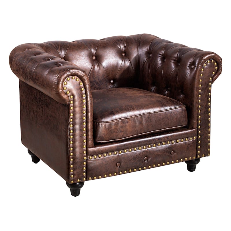 Providence Chesterfield Tufted Brown Faux Leather Rolled Arm Chair