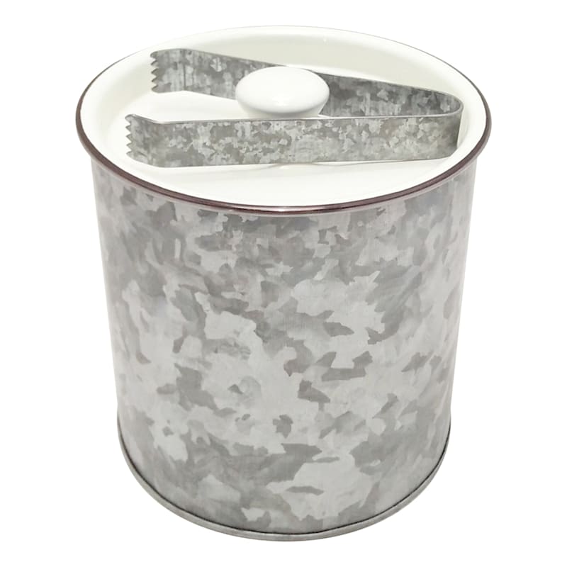 White/Galvanized Metal Ice Bucket/Tongs