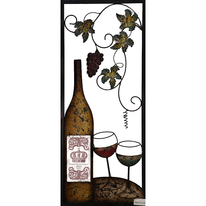 13X32 Metal Wine Bottle Left With Two Glasses Wall Decor