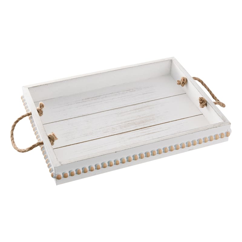 White Faux Wood Decorative Tray with Rope Handles, 16x13