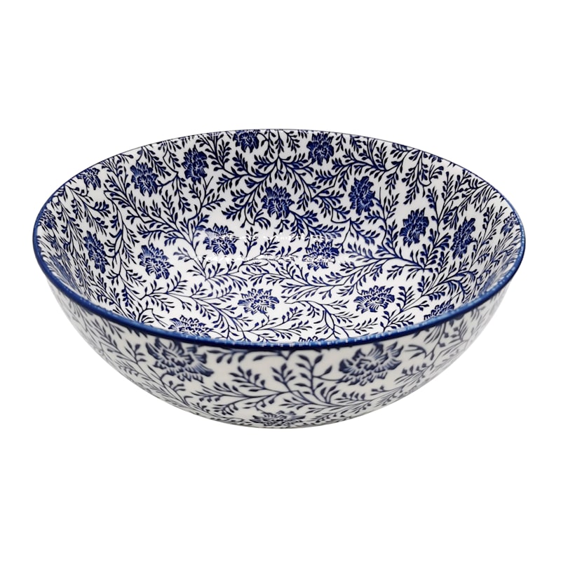 Blue & White Floral Print Ceramic Bowl, 8"