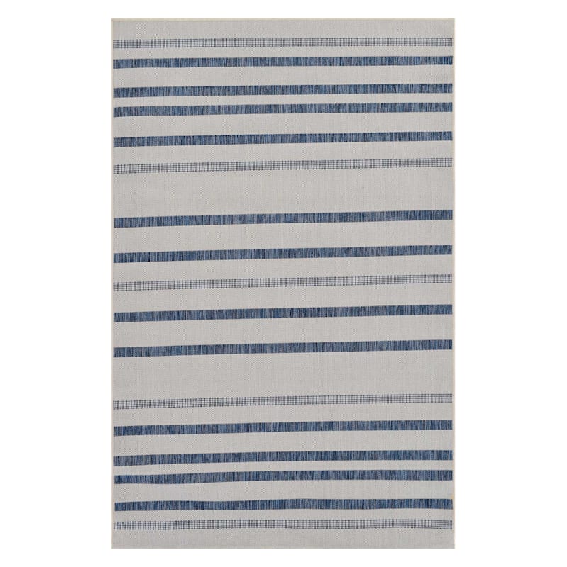 (E284) Ivory & Blue Nautical Striped Sisal Indoor & Outdoor Area Rug, 5x7