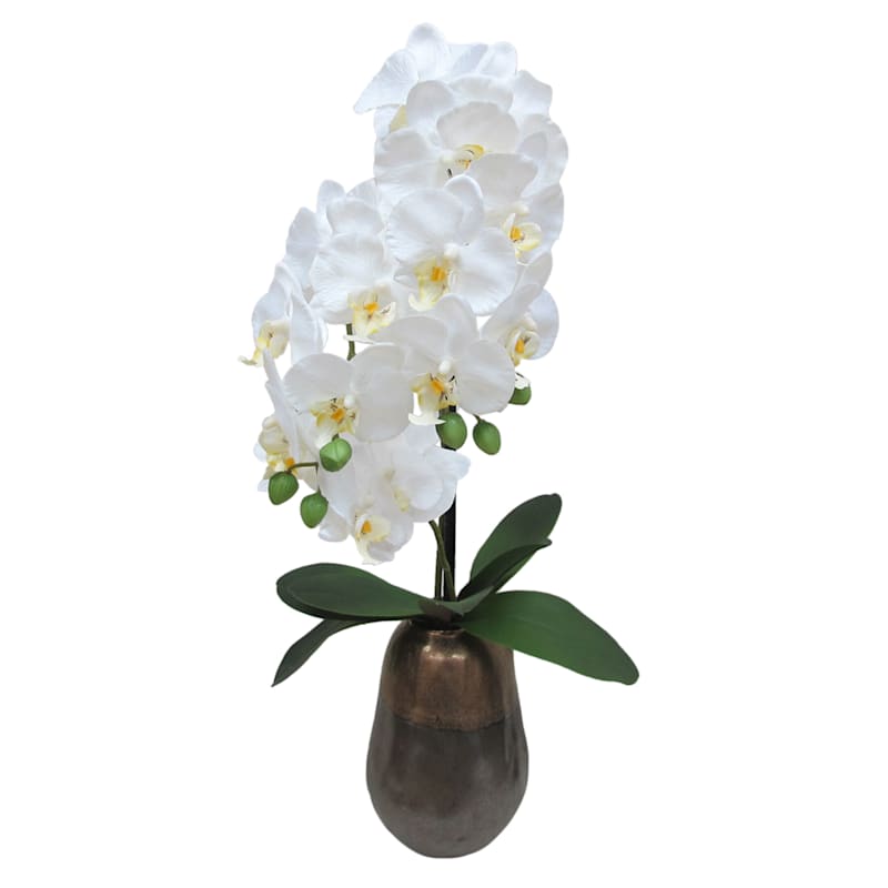 White Orchid Flower with Bronze Planter, 28"