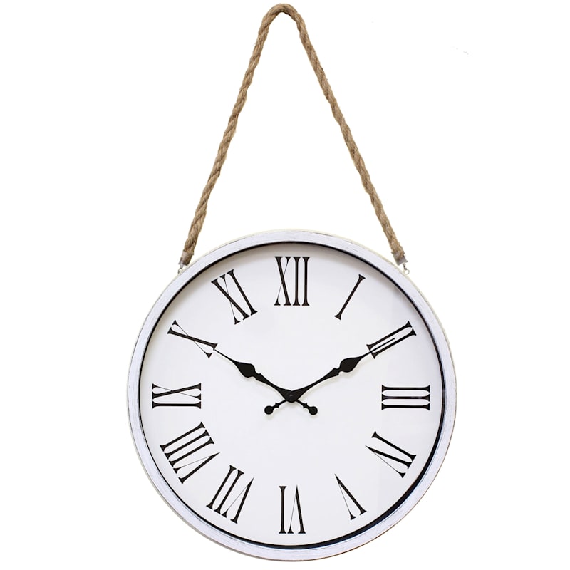 16in. Distressed White Round Hanging Wall Clock With Rope