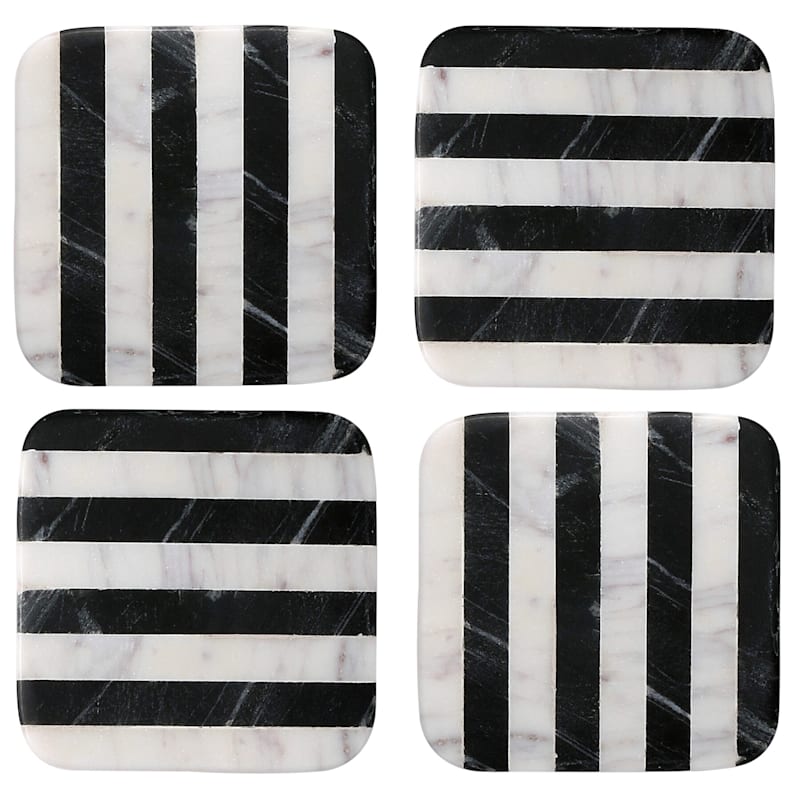 Square Black/White Stripe Marble Coasters Set Of 4