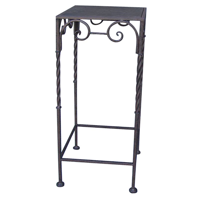 Square Wood Top Plant Stand With Brown Twist Metal Leg, Small