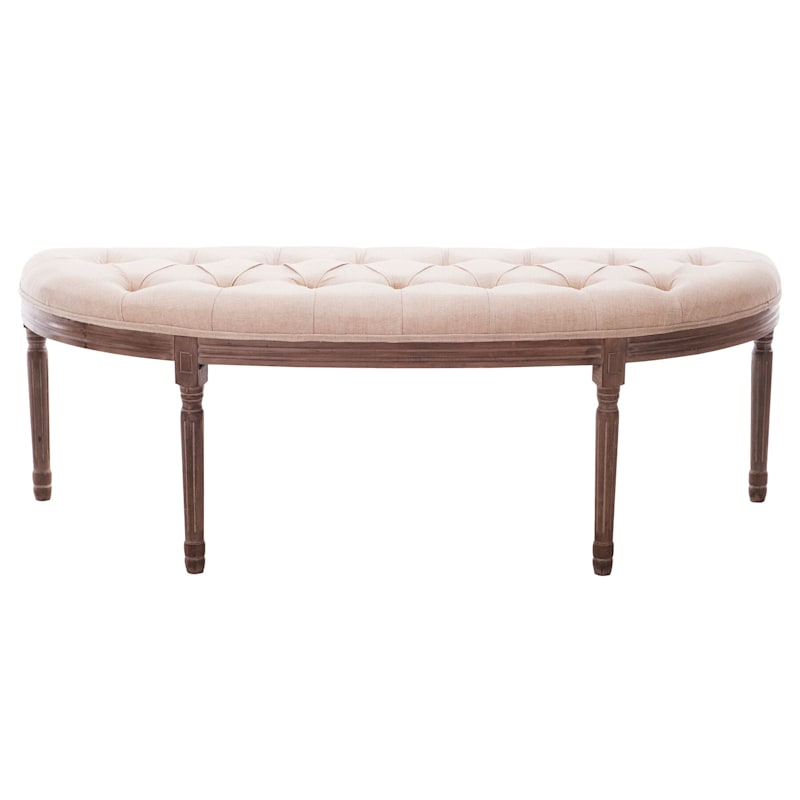 Lourdes Ivory Linen Tufted Curved Bench w/Distressed Wood Legs
