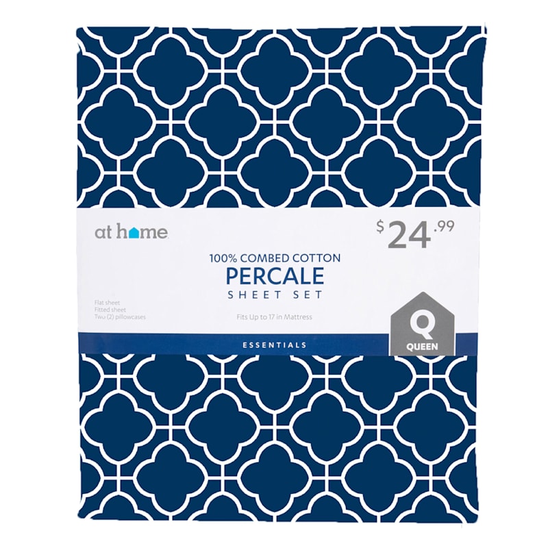 4-Piece Dark Blue Trellis 100% Cotton Percale Sheet Set, King
