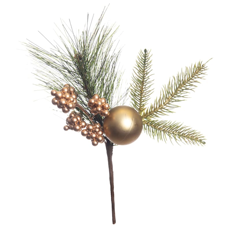 Pine & Berry Gold Glittered Ornament Pick, 12