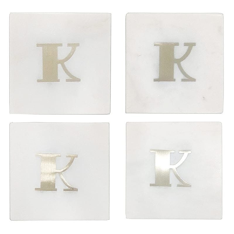 White Marble/Brass K Monogram Coaster Set Of 4