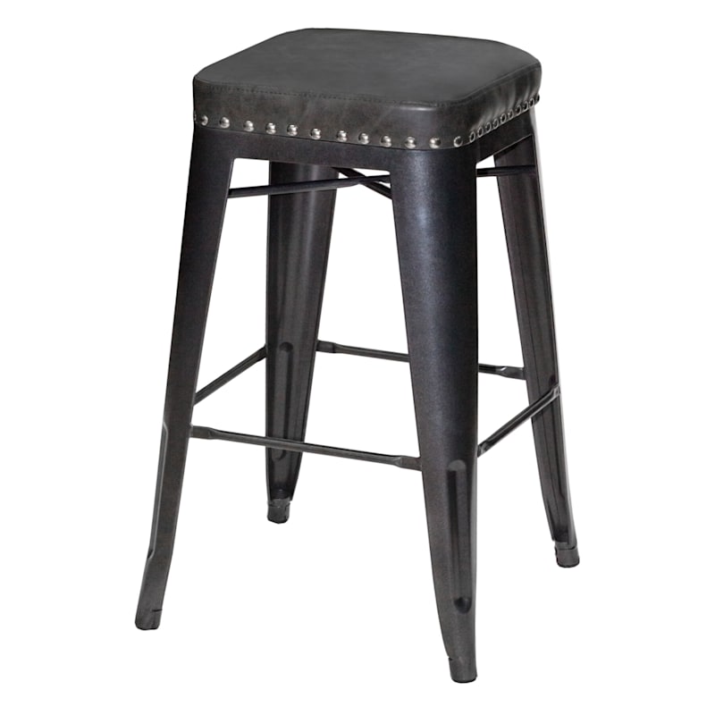 Hank Grey Backless Counterstool With, White Leather Nailhead Bar Stools