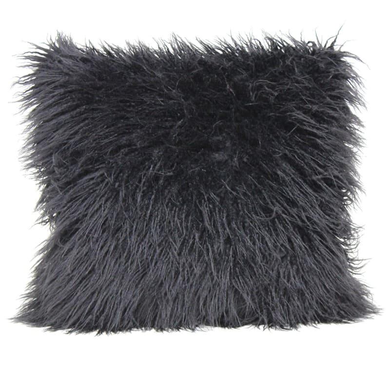 Mongolian Black Faux Fur Throw Pillow, 18"