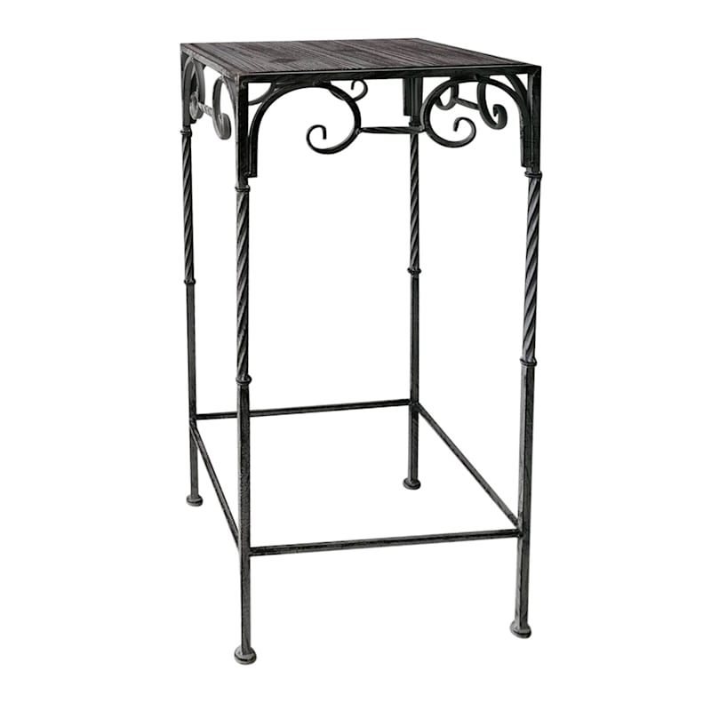 Square Wood Top Plant Stand With Rustic Twist Metal Leg, Small