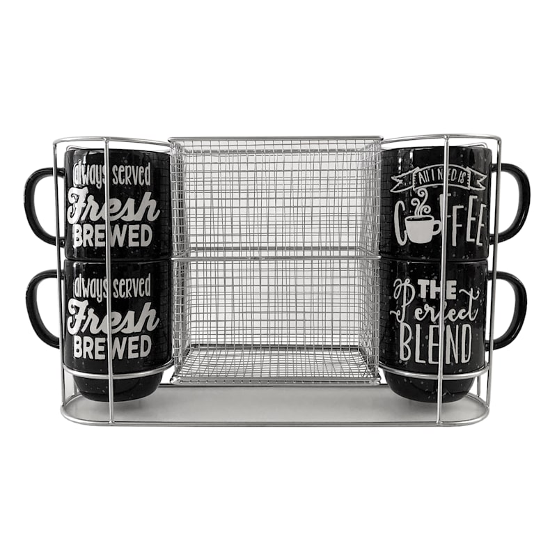 Set of 4 Stacked Get The Message Black Mugs, 14oz, Stoneware Sold by at Home