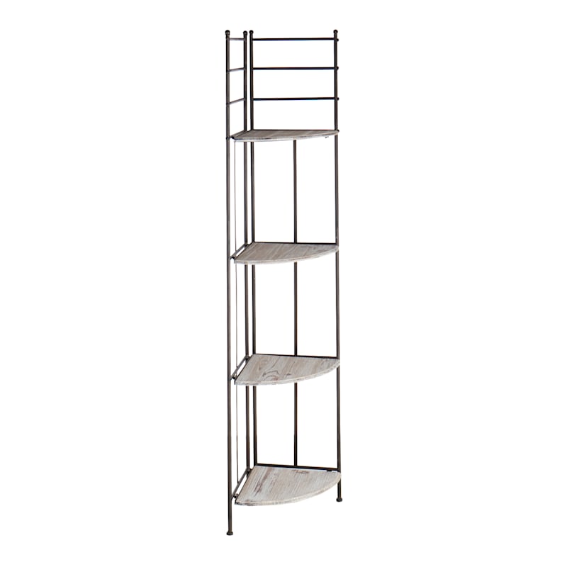 Metal Corner Rack with Folding Wood-Top Shelves, 63"