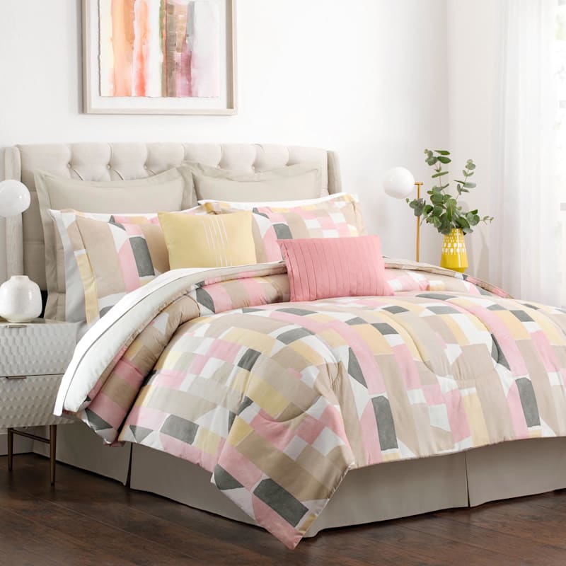 8-Piece Blush Pink Mosaic Mix Comforter Set, Full