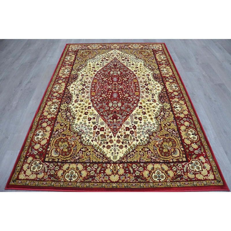 (B33) Ivory & Red Traditional Teardrop Design Accent Rug, 3x5