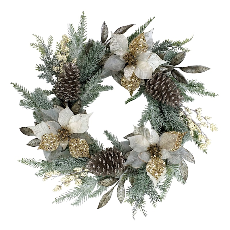 Metallic Gold Poinsettia & Pinecone Flocked Wreath, 24"