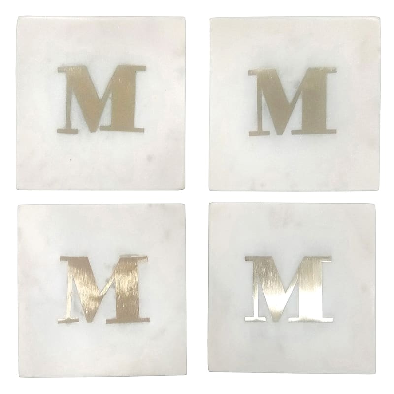Set of 4 Marble & Brass Monogram Coasters, M