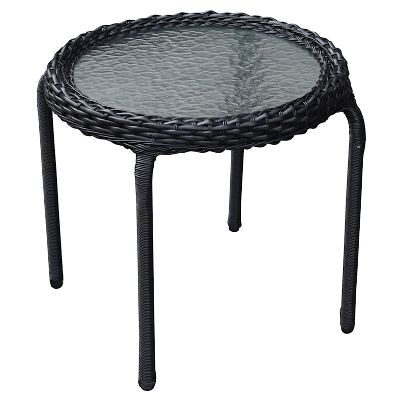 Outdoor Wicker Tempered Glass Top End, Round Wicker Side Table Outdoor