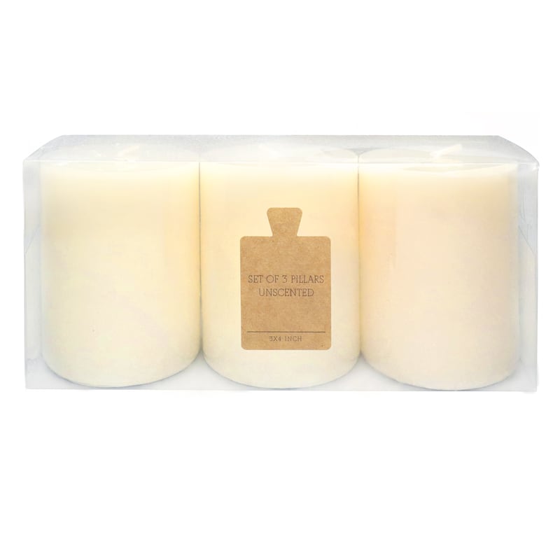 3-Pack White Unscented Pillar Candles, 4"