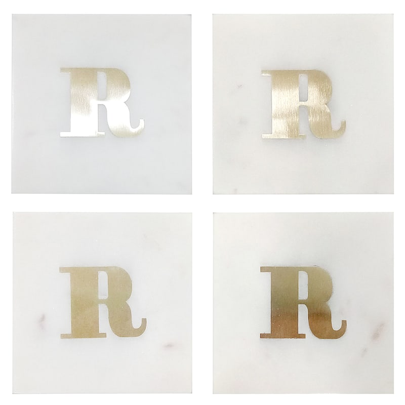 White Marble/Brass R Monogram Coaster Set Of 4
