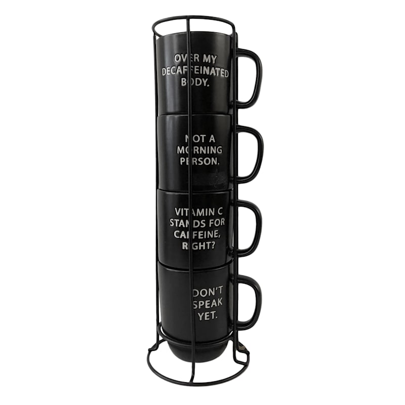 Set of Four Stacked Get the Message Black Mugs, 14oz