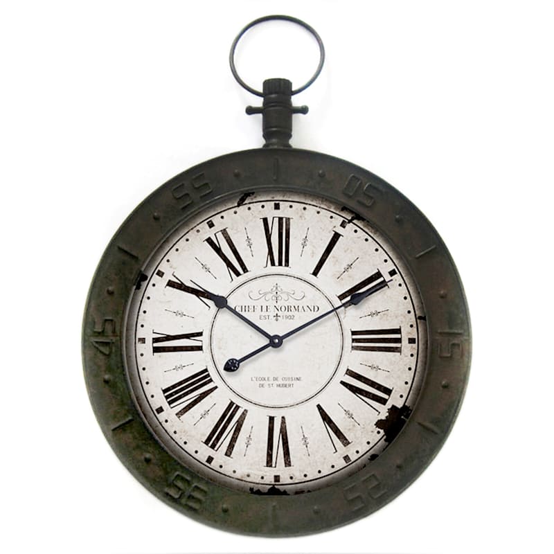 Metal Wood Distressed Finish Compass Wall Clock, 24x34