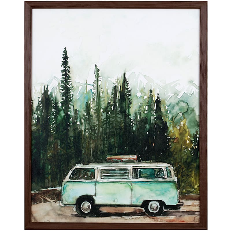 Retro Van In The Woods Framed Wood Wall Decor, 16x20