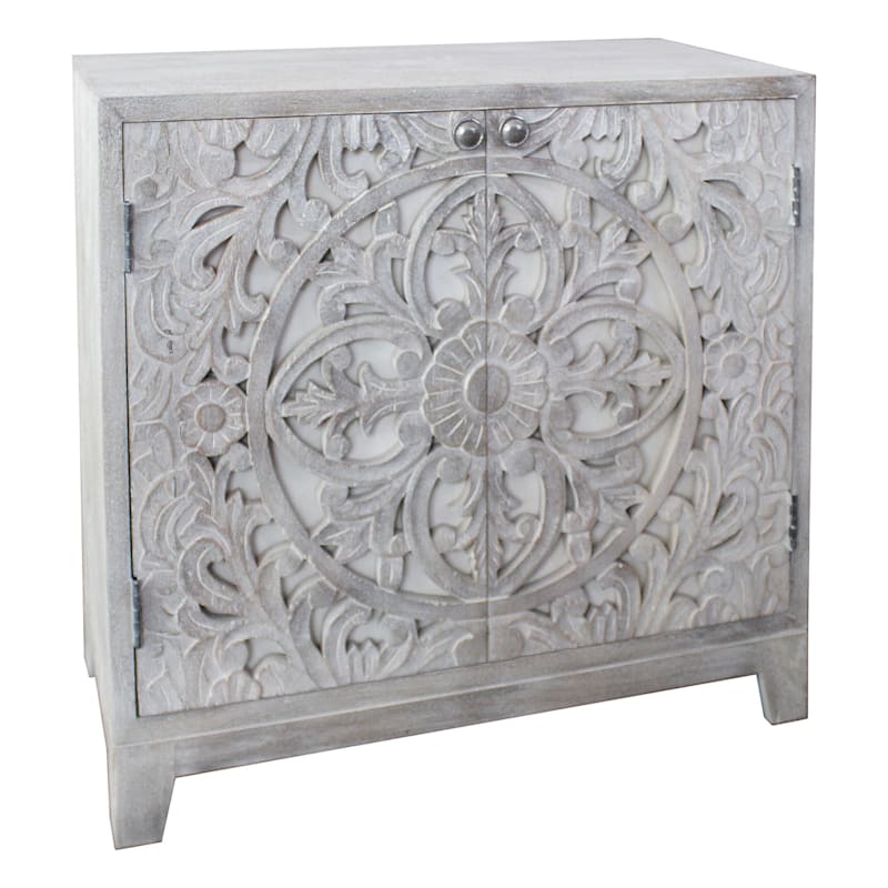 Grey Wash Carved 2 Door Accent Cabinet, Grey Washed Cabinets
