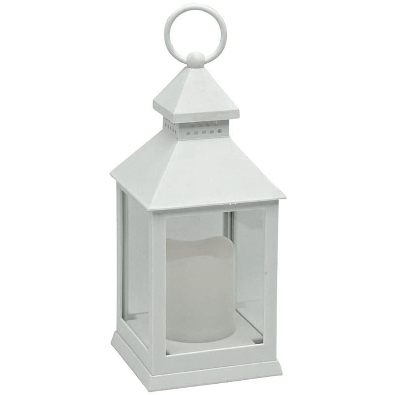 White Weatherproof Outdoor Lantern with LED Candle, 9.5"