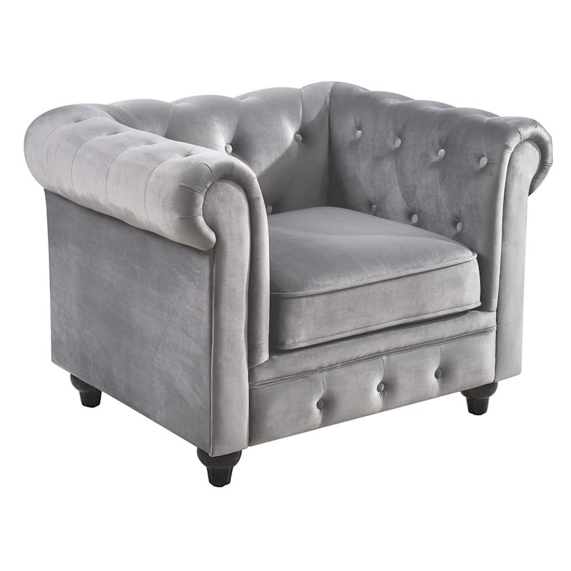 Providence Chesterfield Tufted Grey Velvet Rolled Armchair