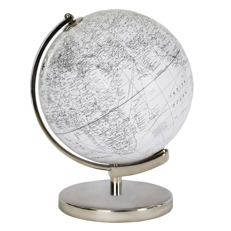 White & Silver World Globe, 8"