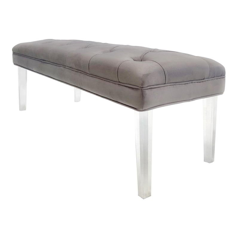 Laila Ali Grey Tufted Bench with Clear Acrylic Legs
