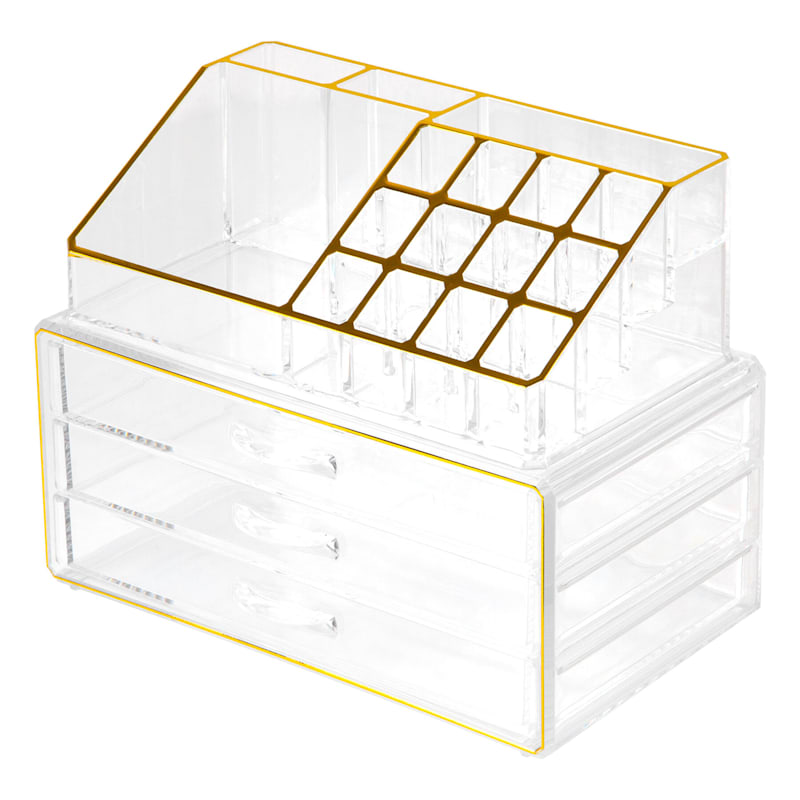 3-Drawer Clear Cosmetic Organizer with Gold Trim
