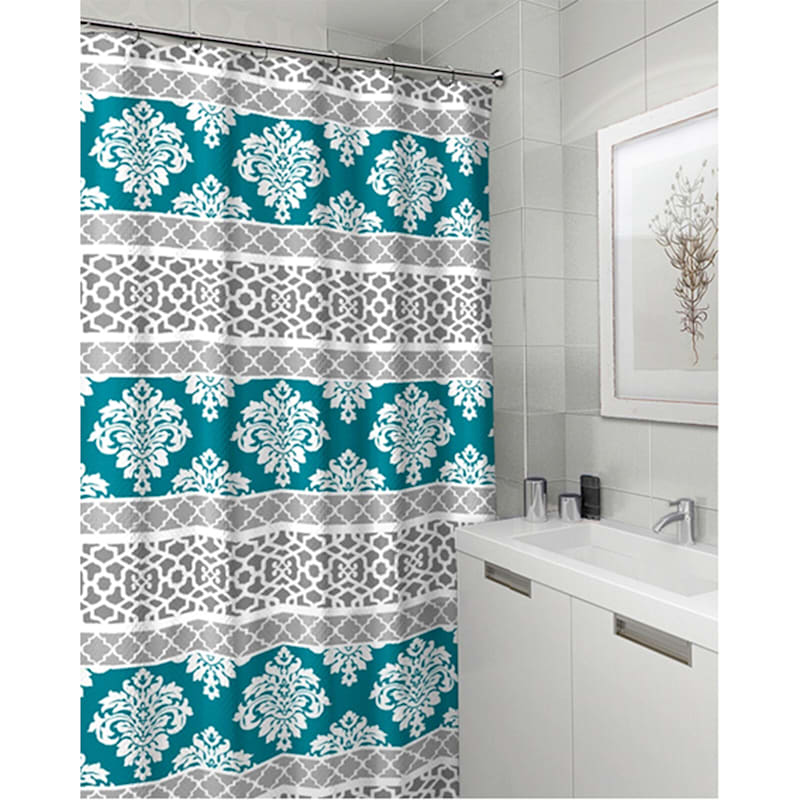 Printed Shower Curtain With Hooks Set, Gray Teal Shower Curtain