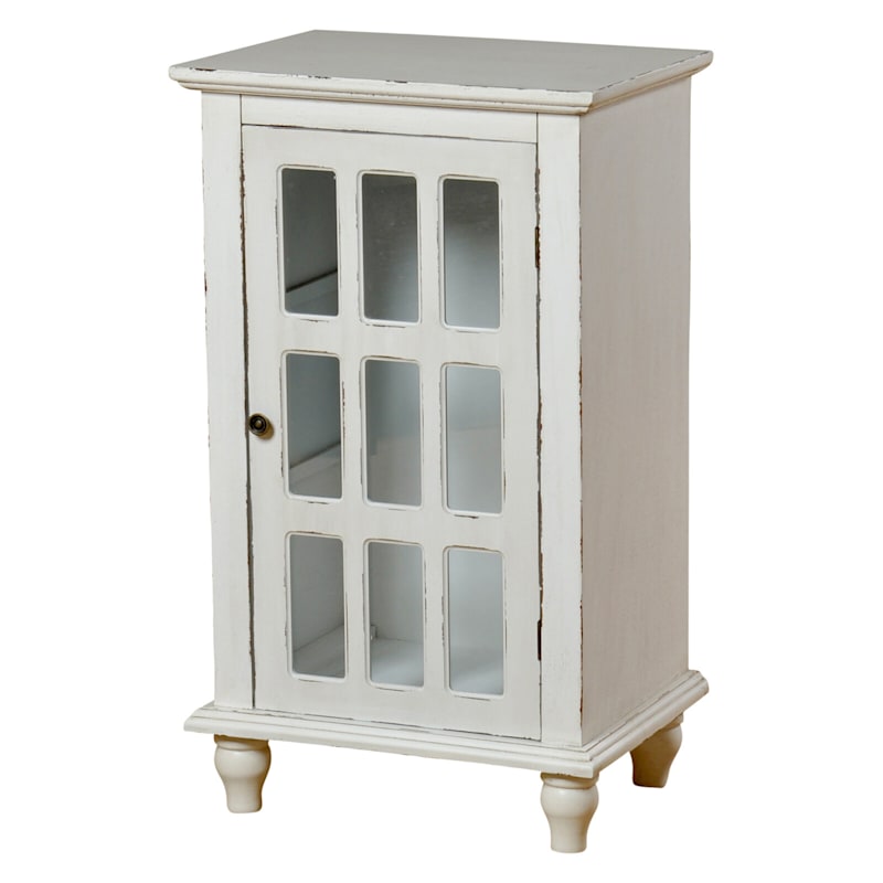 French Country White 1 Door Glass Pane Wood Cabinet