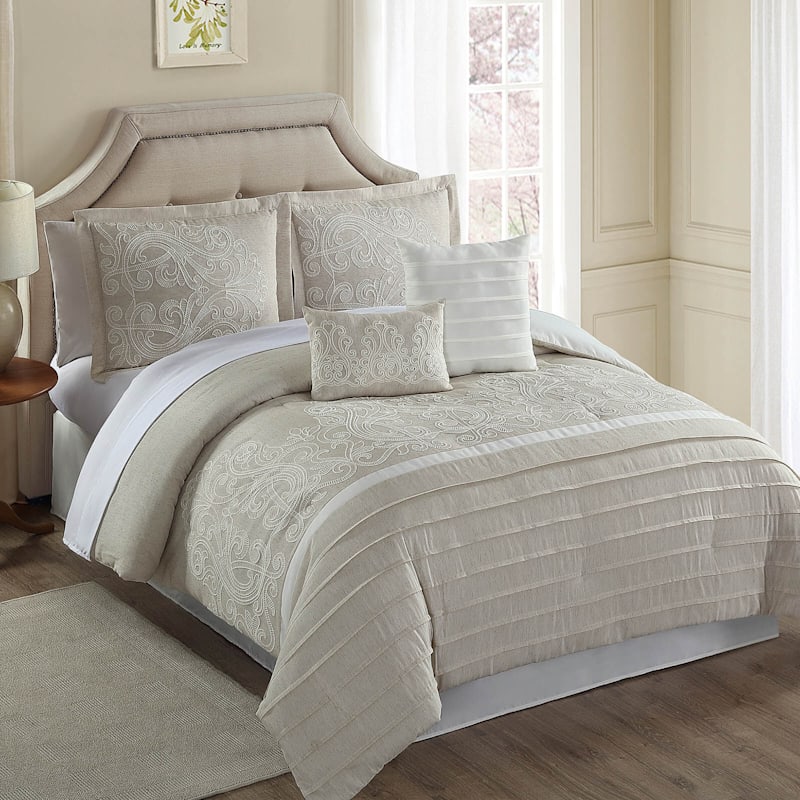 6-Piece Natural Glorious Linen Blend Embroidered Comforter Set, Queen