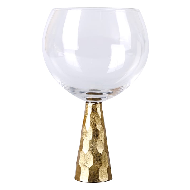 Glass Wine Goblet/Gold Hammered Pillar Stem