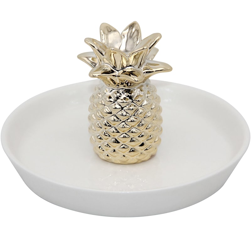 Gold Ceramic Pineapple Trinket Tray, 6"