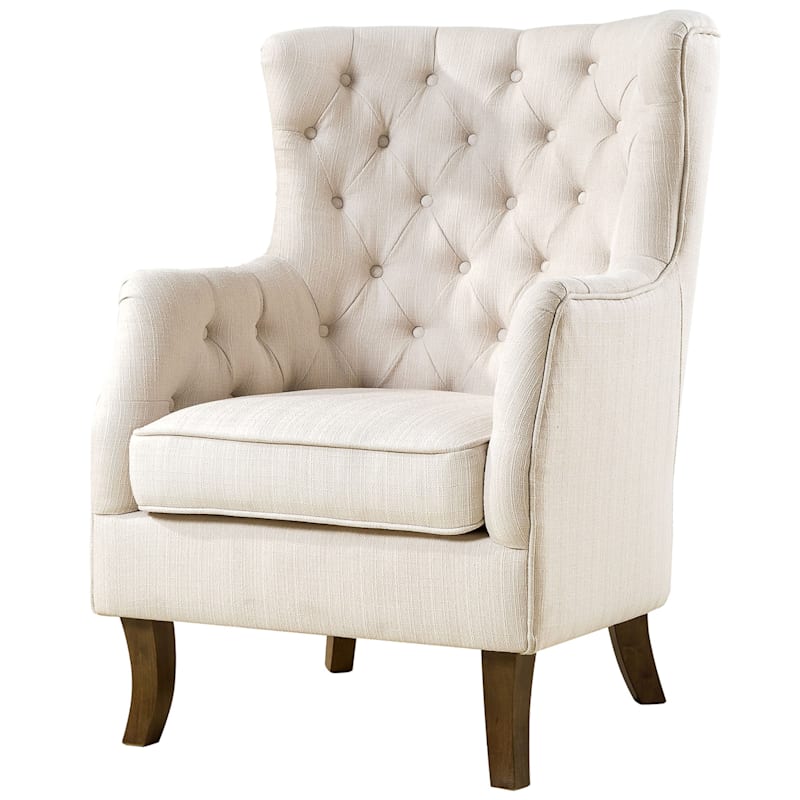 Norfolk Cream Linen Tufted High Back, Upholstered Bedroom Chair With Arms